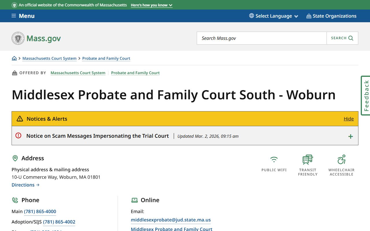 Middlesex South Probate and Family Court in Woburn serving Cambridge family court records