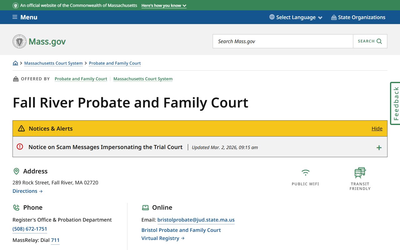 Fall River Probate and Family Court official page for Fall River family court records