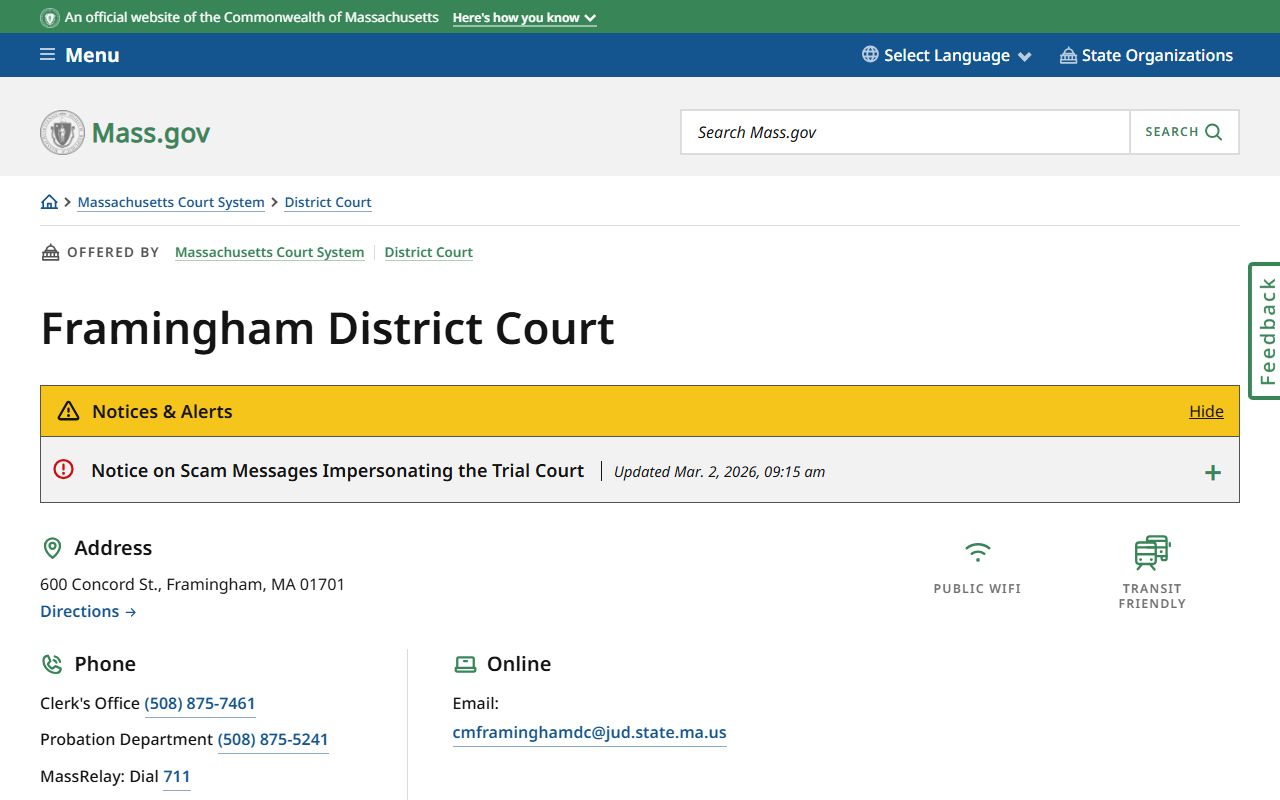 Framingham District Court page for Framingham family court records