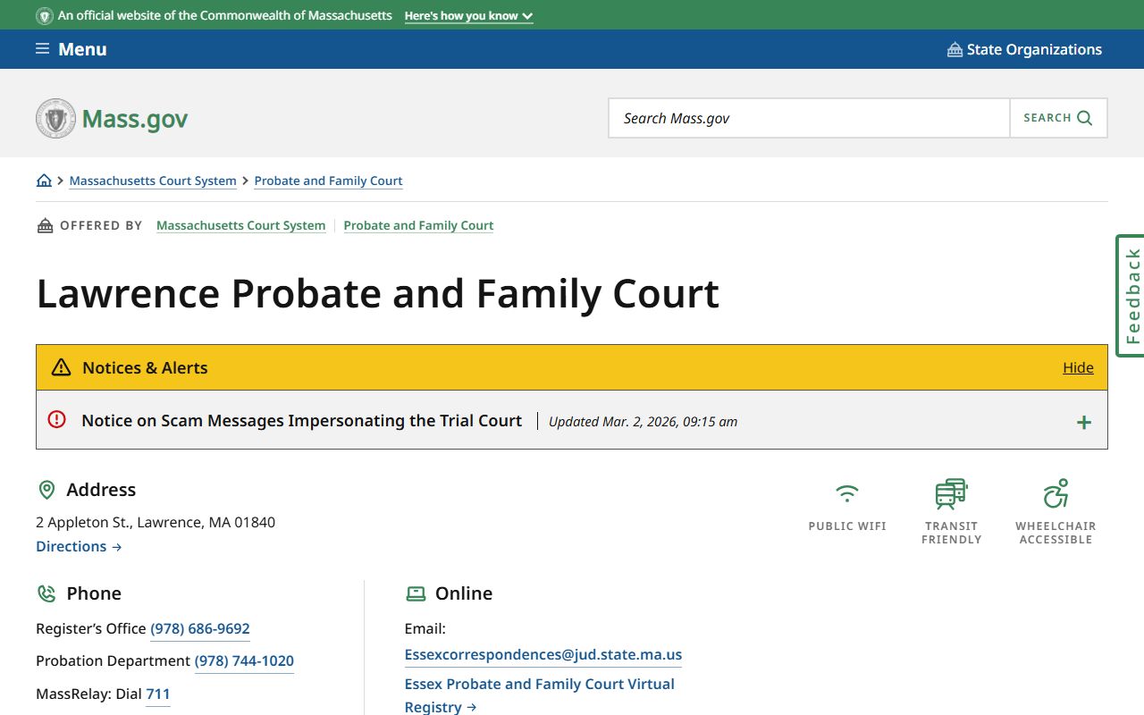 Lawrence Probate and Family Court session page for Lawrence family court records