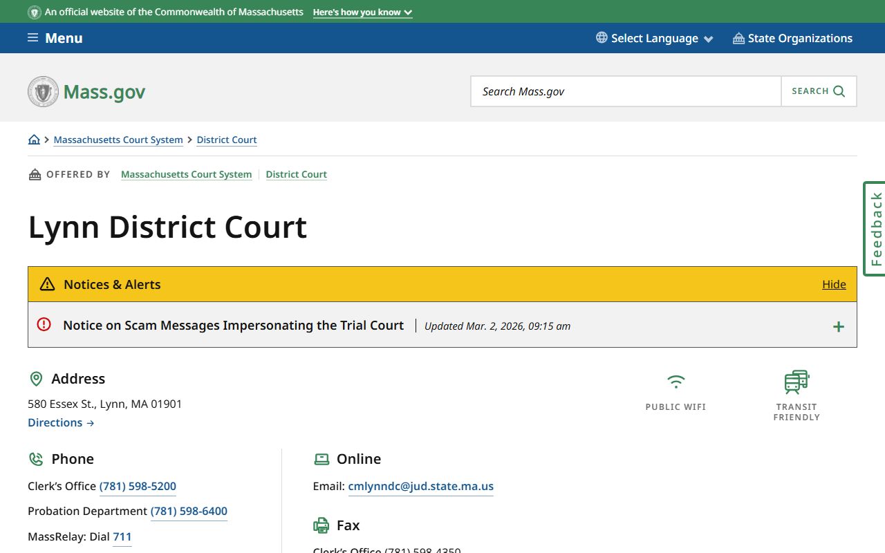 Lynn District Court location page for Lynn city family court records
