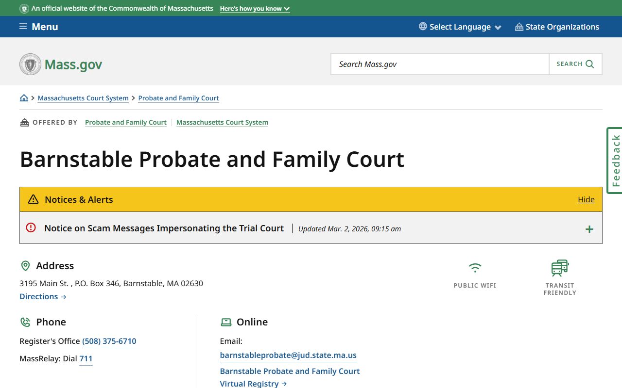 Barnstable County Probate and Family Court location page on mass.gov for Barnstable County family court records