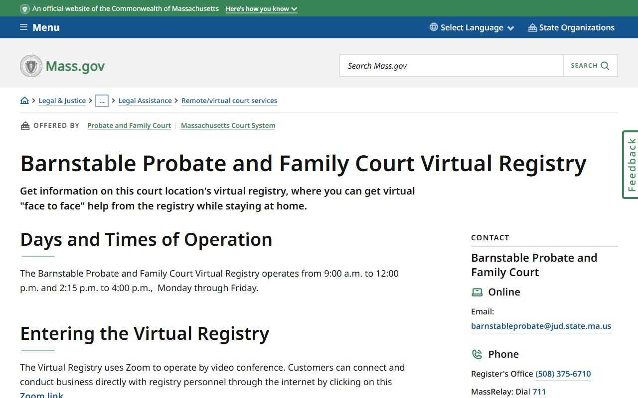 Barnstable County Probate and Family Court Virtual Registry page for accessing family court records remotely