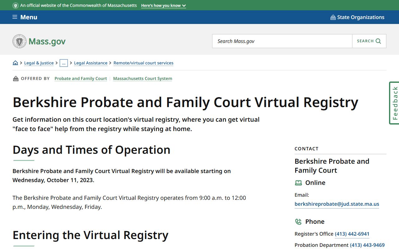 Berkshire County Probate and Family Court virtual registry for remote record access