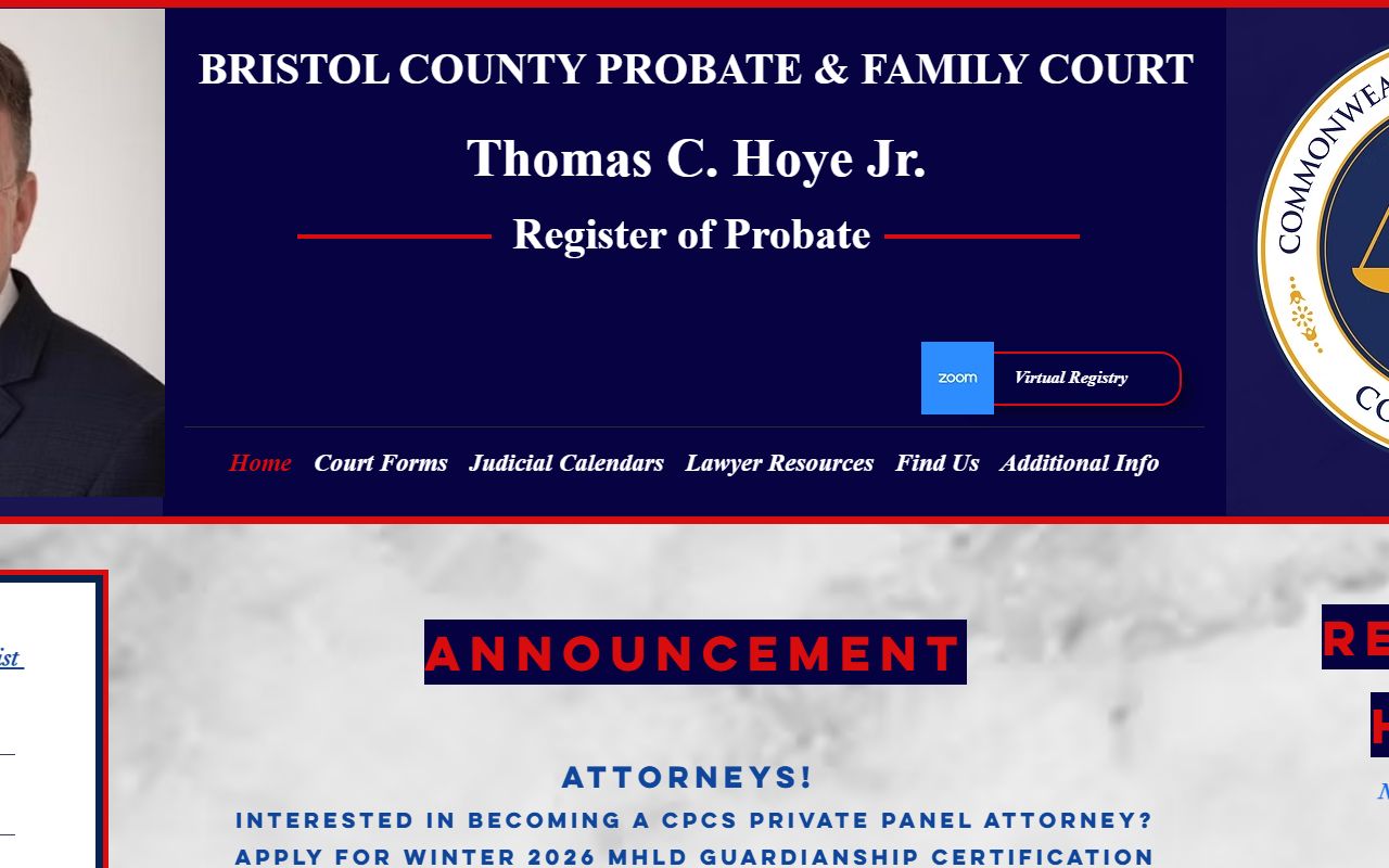 Bristol County Probate website for searching Bristol County family court records