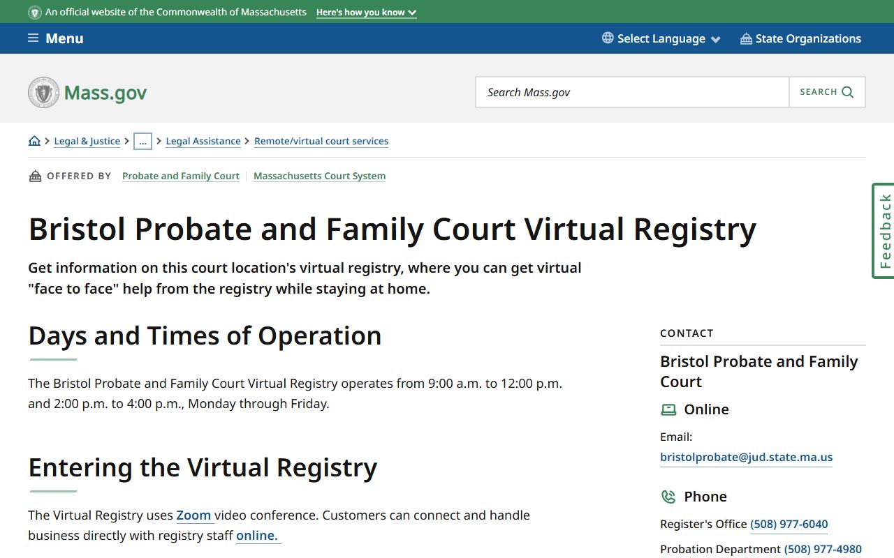 Bristol County Probate and Family Court Virtual Registry for accessing family court records online