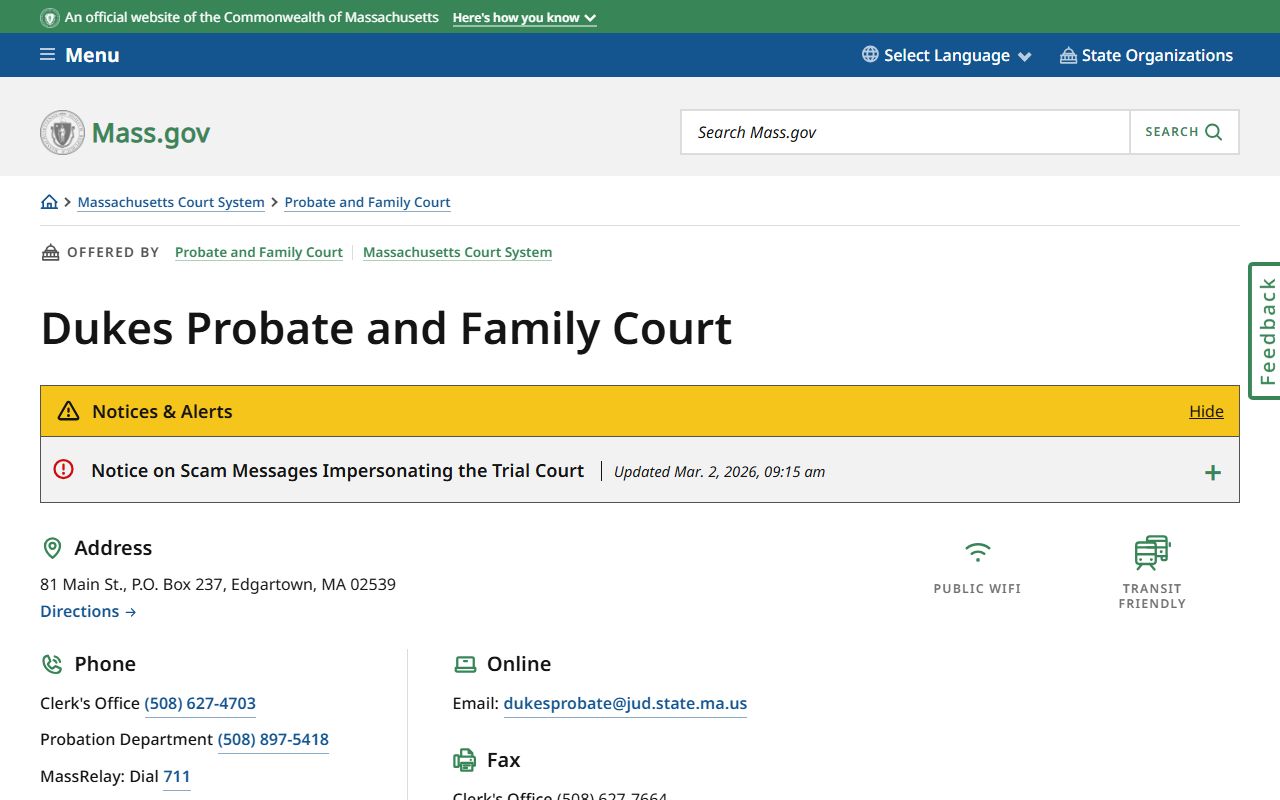 Dukes Probate and Family Court official page for Dukes County family court records