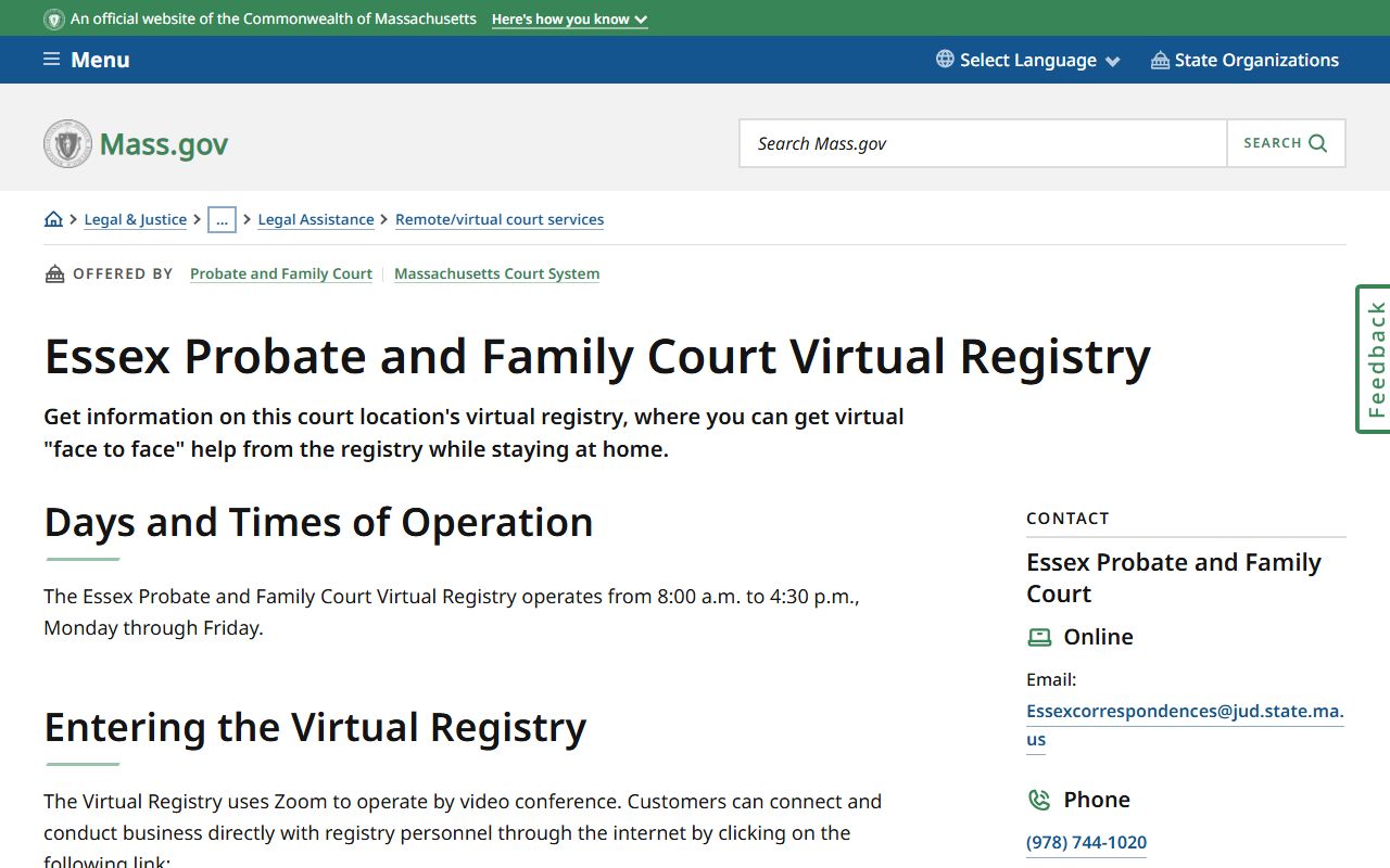 Essex Probate and Family Court virtual registry page for Essex County family court records