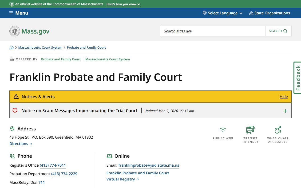 Franklin County Probate and Family Court website for family court records in Greenfield