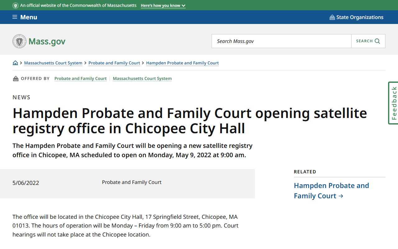 Hampden Probate and Family Court Chicopee satellite registry office announcement for Chicopee family court records