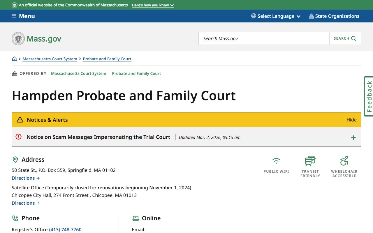Hampden Probate and Family Court official page for Chicopee family court records