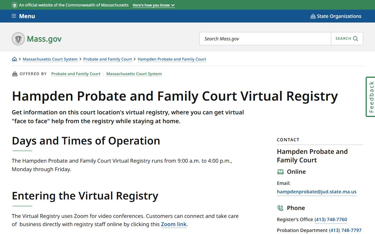 Hampden Probate and Family Court virtual registry for Springfield family court records