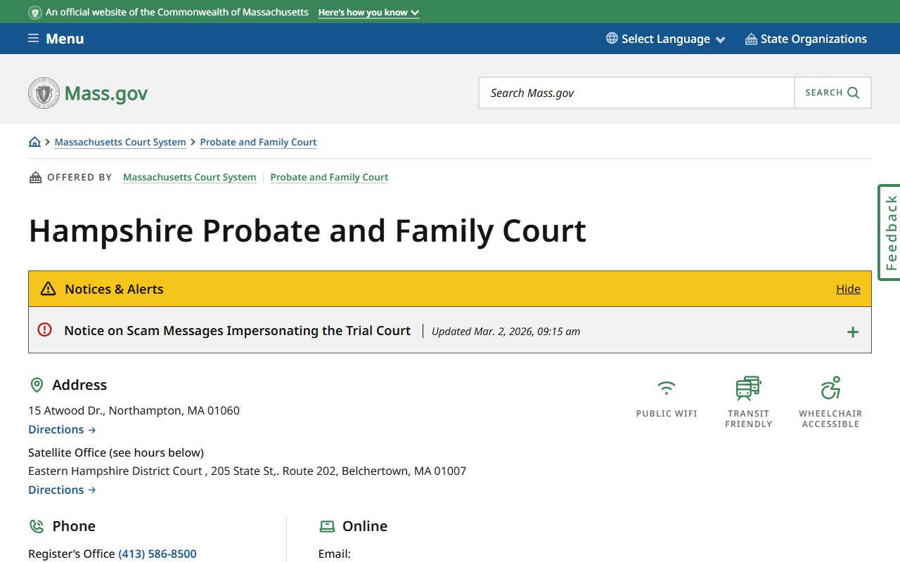 Hampshire Probate and Family Court location page on mass.gov for Hampshire County family court records
