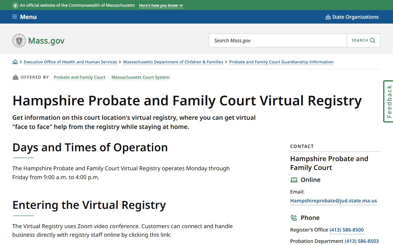 Hampshire County Probate and Family Court Virtual Registry information for accessing family court records remotely