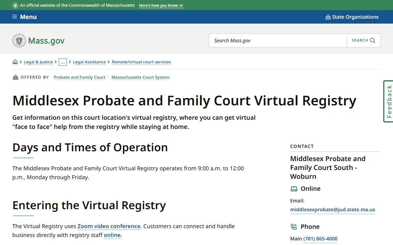 Middlesex South Probate and Family Court virtual registry information for Cambridge family court records
