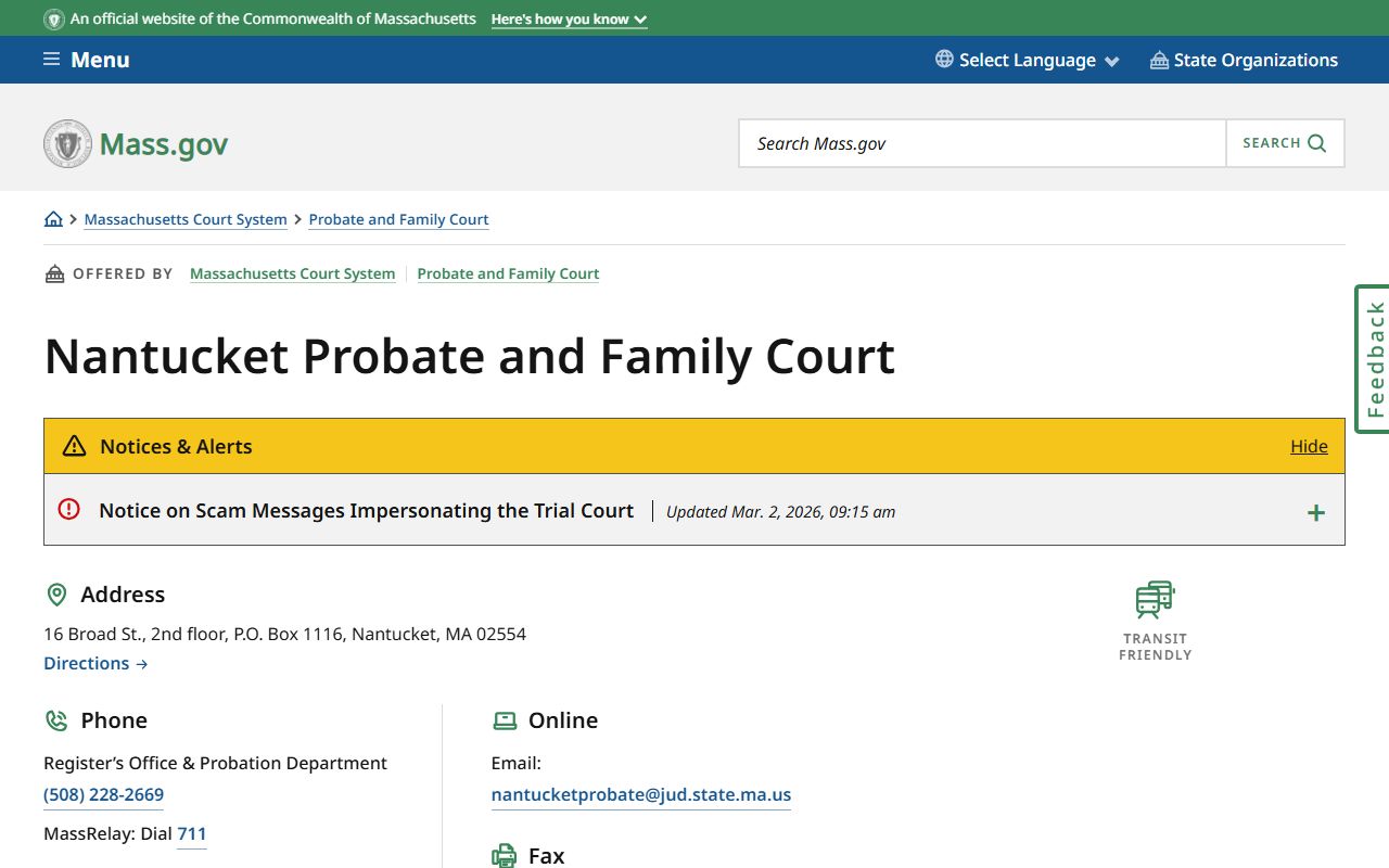 Nantucket Probate and Family Court official page for Nantucket County family court records