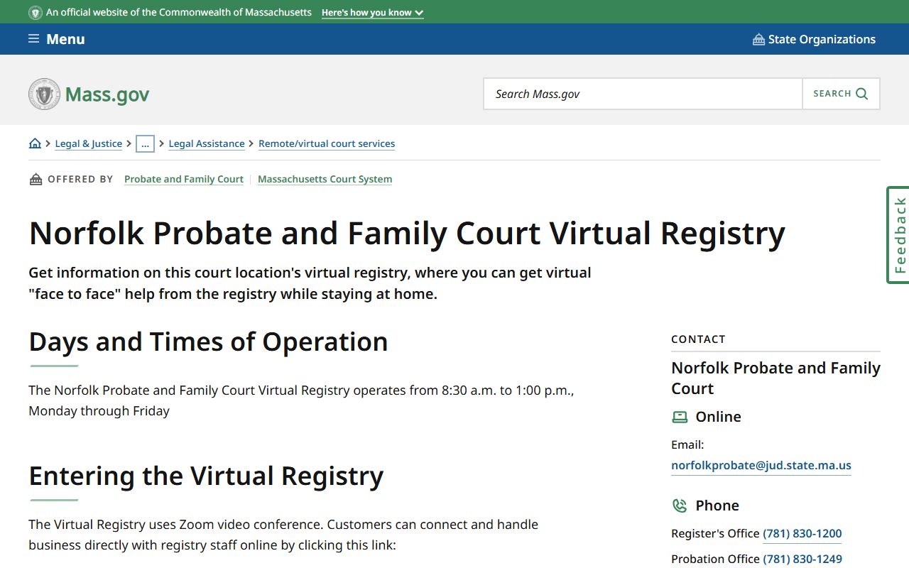 Norfolk County Probate and Family Court Virtual Registry for accessing family court records remotely