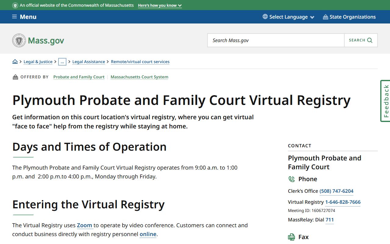 Plymouth Probate and Family Court virtual registry for Plymouth County family court records