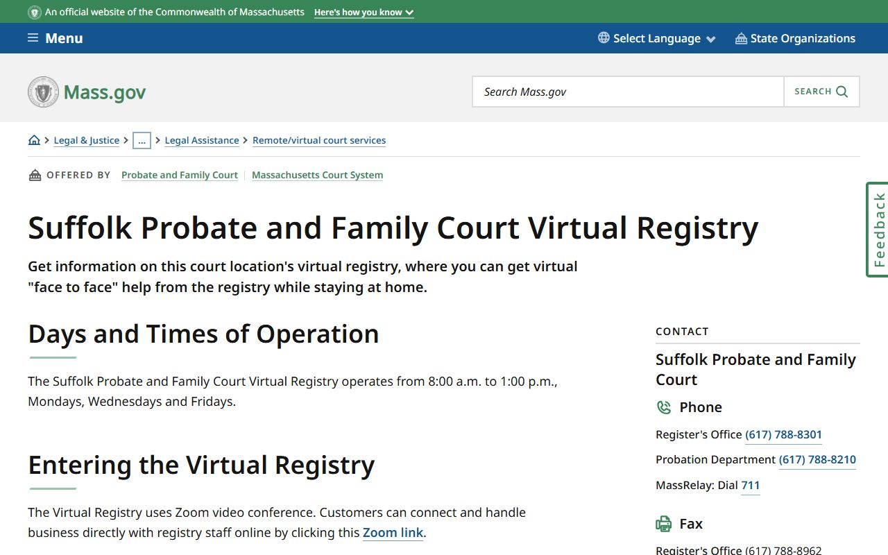 Suffolk Probate and Family Court virtual registry for Boston family court records