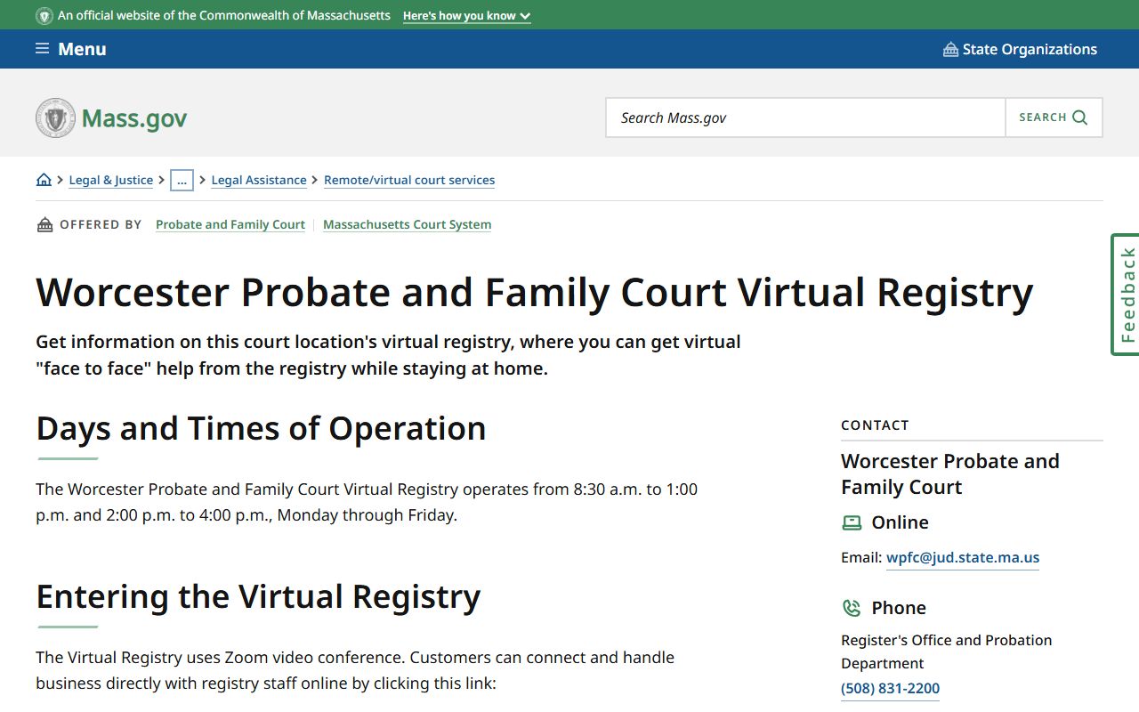 Worcester Probate and Family Court virtual registry for Worcester family court records