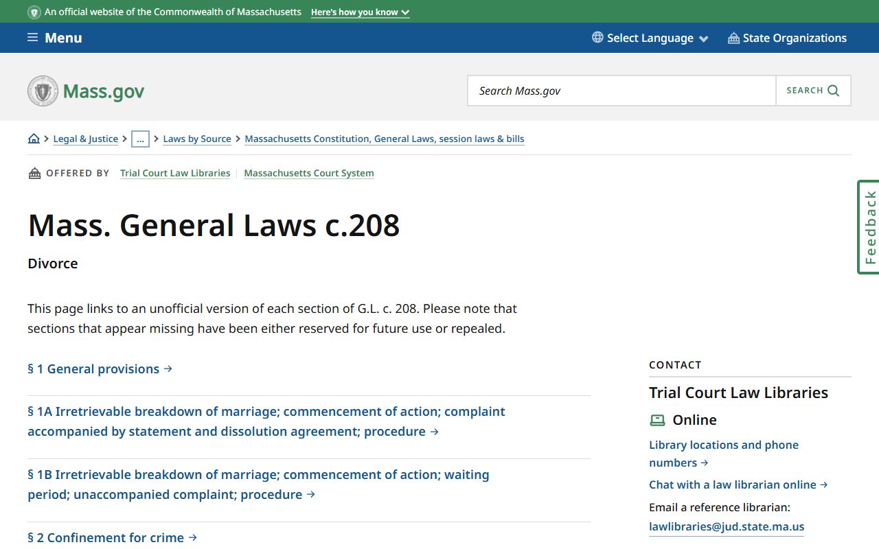 Massachusetts Chapter 208 divorce statutes page for family court records