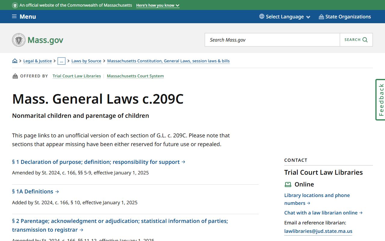 Massachusetts Chapter 209C paternity statutes for family court records