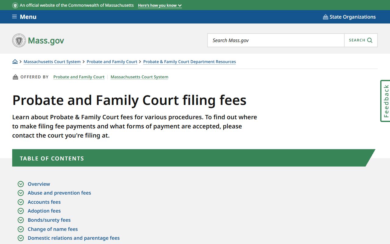 Massachusetts Probate and Family Court filing fee schedule for family court records