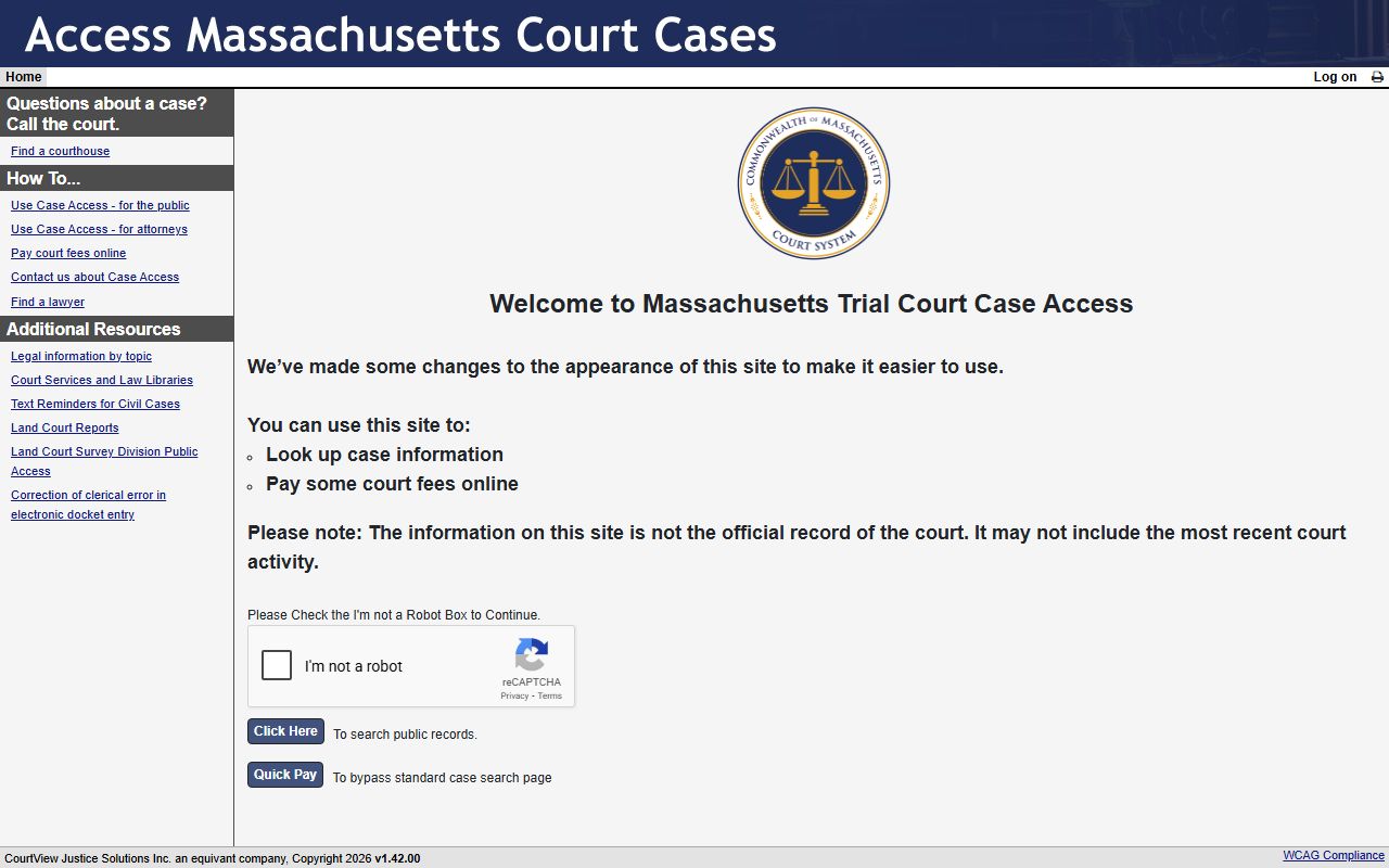 MassCourts online case access portal for Massachusetts family court records