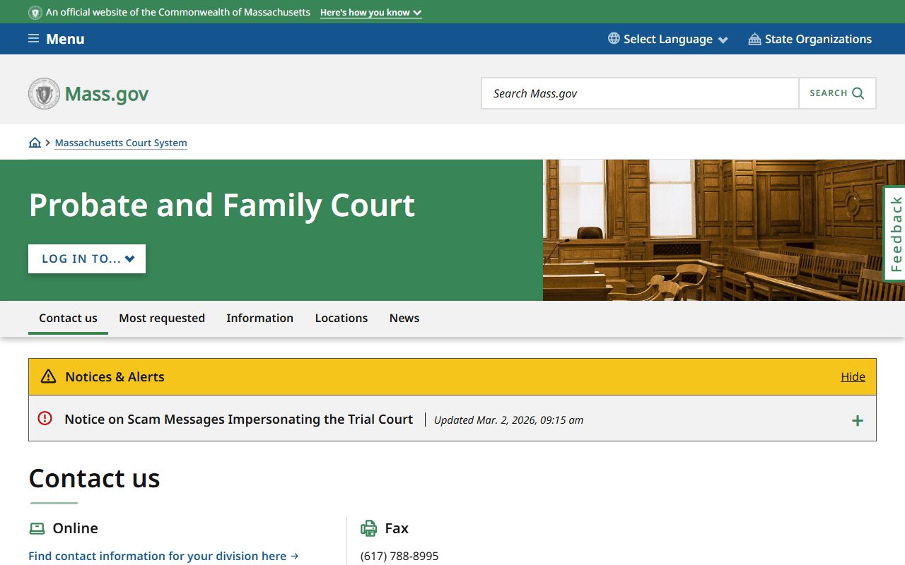 Massachusetts Probate and Family Court homepage showing family court records access