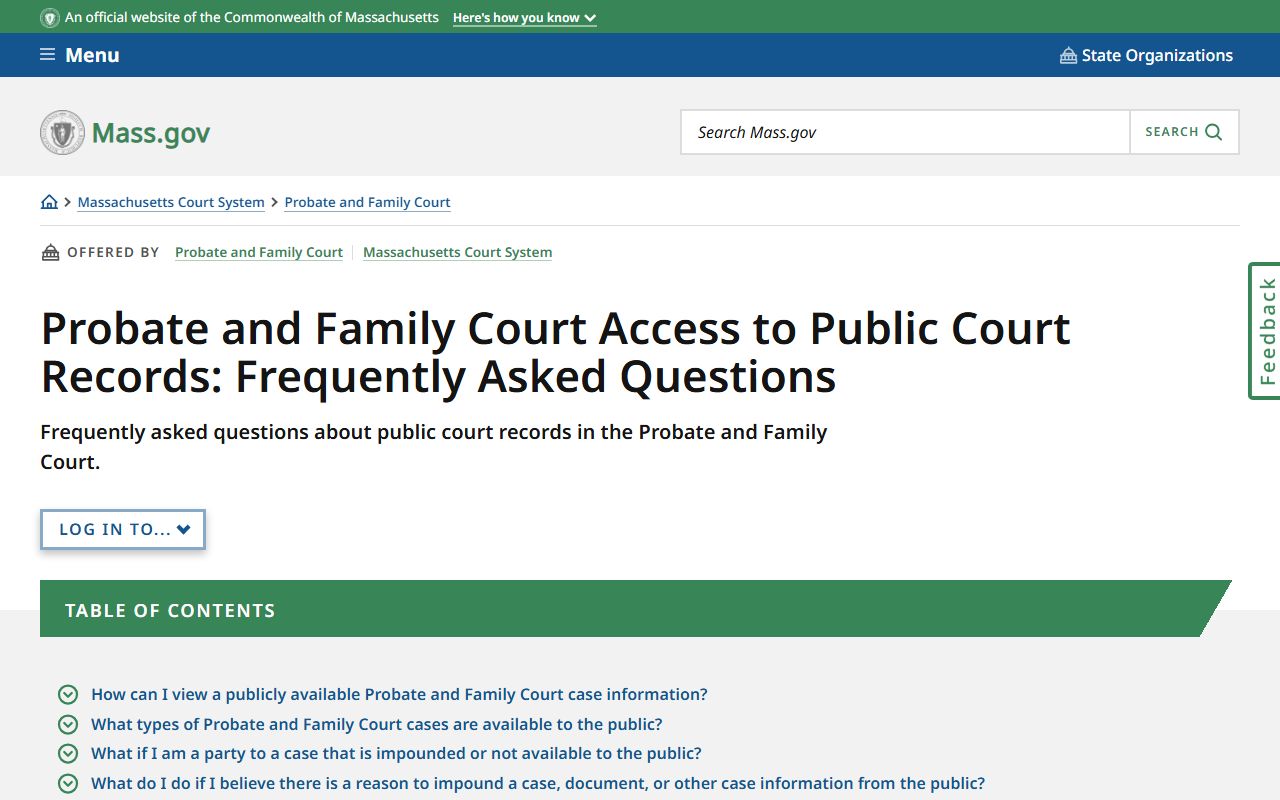 Massachusetts Probate and Family Court public records access FAQ for family court records